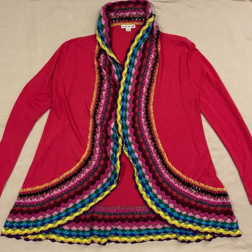 Double Zero Pink Rainbow Crochet Trim Boho Women’s Open Cardigan  Size Large